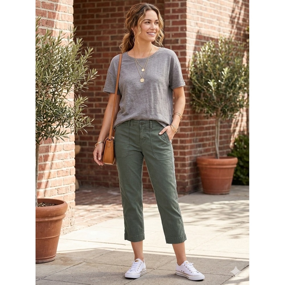 Liverpool Olive Green Linen Blend Cropped Utility Pants Size 4/27